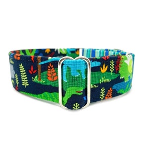 Dinosaur Martingale OR Side Release Buckle Dog Collar - Strong Blue and Green Jurassic and Stripes Fabric Wrapped Pet Collar