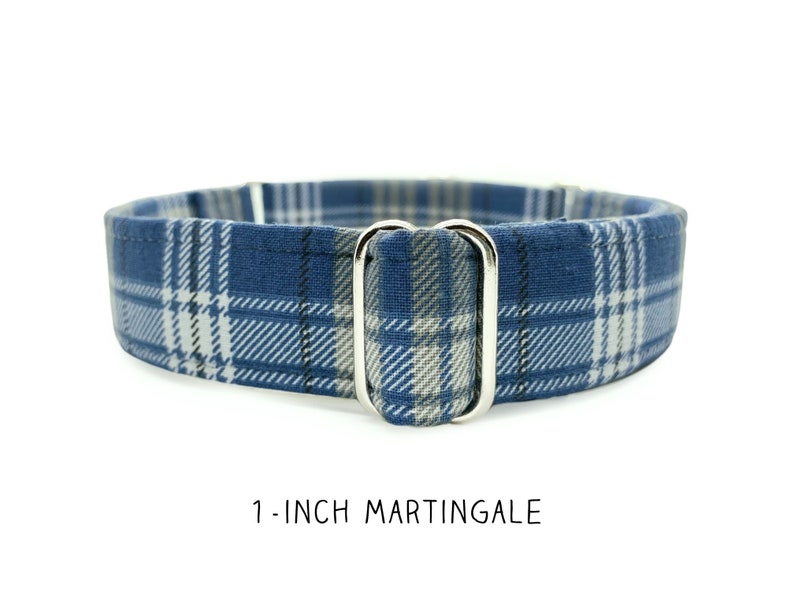 Weekend Plaid Martingale OR Side Release Buckle Dog Collar Neutral Blue and Gray Casual Classic Tartan Plaid Fabric Wrapped Boy Pet Collar image 4
