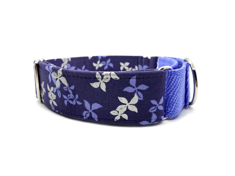 Indigo Petals Martingale OR Quick Release Buckle Collar, Deep Blue, Metallic Silver, Periwinkle, Lavender Purple Floral Pet Collar image 2