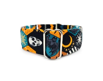 Hocus Hex Martingale OR Side Release Buckle Dog Collar - Orange, Black Halloween Pet Collar with Ghosts, Pumpkins, Spiders, Skulls, Witches