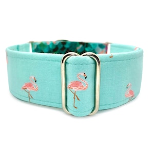 Small, Medium or Large Flamingo Chill Martingale OR Side Release Buckle Dog Collar - Aqua & Coral Custom Fabric Wrapped Tropical Pet Collar