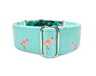 Flamingo Chill Martingale OR Side Release Buckle Dog Collar - Caribbean Beach Summer Aqua, Pink, Coral Bird Fabric Wrapped Pet Collar