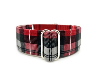 Crimson Plaid Martingale OR Side Release Buckle Dog Collar - Maroon Red, Gray and Black Casual Classic Tartan Fabric Wrapped Boy Pet Collar
