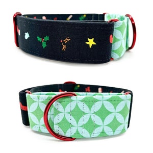 Christmas Icon Martingale OR Side Release Buckle Dog Collar Festive Pet collar with Christmas Trees, Stockings, Holly, Santa Hats and Snow image 2