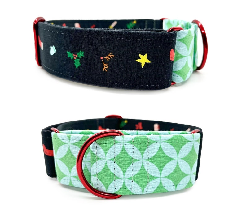 Christmas Icon Martingale OR Side Release Buckle Dog Collar Festive Pet collar with Christmas Trees, Stockings, Holly, Santa Hats and Snow image 2