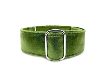 Dragon Velvet-Wrapped Martingale OR Quick Release Buckle Dog Collar - Soft, Olive Leaf Green Luxury Velvet Pet Collar for Sensitive Necks