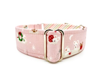 Not Even a Mouse Martingale OR Side Release Buckle Dog Collar - Kitschy Pink Christmas Mouse and Stocking Pet Collar with Cute Stripes