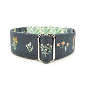 Pressed Flower Martingale OR Side Release Buckle Dog Collar - Custom Soft Charcoal Gray Floral and Green Geometric Botanical Girl Pet Collar