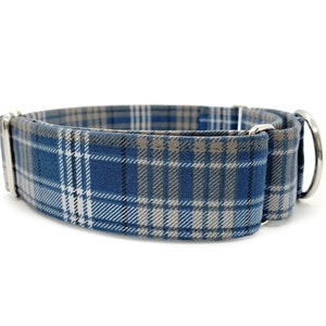 Weekend Plaid Martingale OR Side Release Buckle Dog Collar Neutral Blue and Gray Casual Classic Tartan Plaid Fabric Wrapped Boy Pet Collar image 2