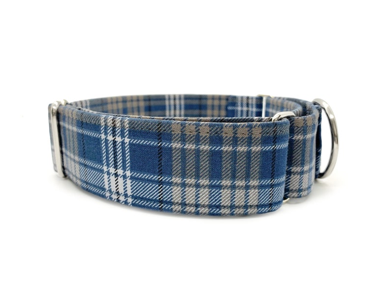 Weekend Plaid Martingale OR Side Release Buckle Dog Collar Neutral Blue and Gray Casual Classic Tartan Plaid Fabric Wrapped Boy Pet Collar image 2