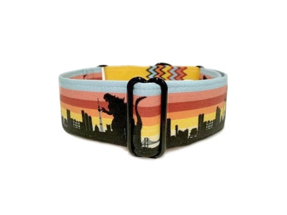 Dogzilla Martingale OR Quick Release Buckle Dog Collar: 1 inch or 1.5 inch Retro Gold City Skyline Godzilla Graphic Art Pet Collar