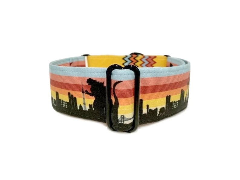 Dogzilla Martingale OR Quick Release Buckle Dog Collar: 1 inch or 1.5 inch Retro Gold City Skyline Godzilla Graphic Art Pet Collar image 1