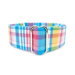 Vacation Madras Martingale OR Quick Release Buckle Dog Collar - Bright, Colorful Turquoise Blue, Pink, Yellow, White Summer Plaid Pet Collar