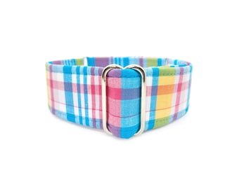 Collier pour chien avec martingale en Madras ou boucle à dégagement rapide des vacances - Collier pour animal de compagnie à carreaux estival brillant et coloré, bleu turquoise, rose, jaune, blanc