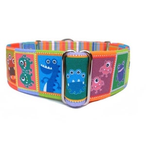 Little Monsters Martingale OR Quick Release Buckle Dog Collar, Fun and Colorful Rainbow Monster and Stripes Pet Collar by The Eclectic Hound