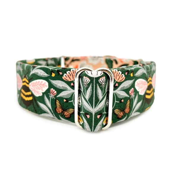 Jade Bees Martingale OR Side Release Buckle Dog Collar - Green, Gold Bumblebee, Butterflies & Peach Spring Floral Fabric Wrapped Pet Collar