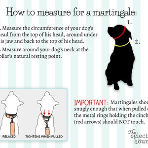 May include: Diagram showing how to measure a dog's head and neck for a martingale collar. The diagram shows a dog with a red collar around its head and a yellow collar around its neck. The text explains that the collar should fit snugly enough that the metal rings do not touch when pulled.