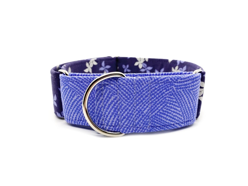 Indigo Petals Martingale OR Quick Release Buckle Collar, Deep Blue, Metallic Silver, Periwinkle, Lavender Purple Floral Pet Collar image 3