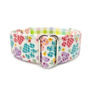 Spring Glitter Paws Martingale OR Quick Release Buckle Dog Collar, Bright Pastel Patchwork Easter Pawprint & Plaid Fabric-Wrapped Pet Collar