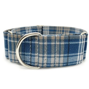 Weekend Plaid Martingale OR Side Release Buckle Dog Collar Neutral Blue and Gray Casual Classic Tartan Plaid Fabric Wrapped Boy Pet Collar image 3