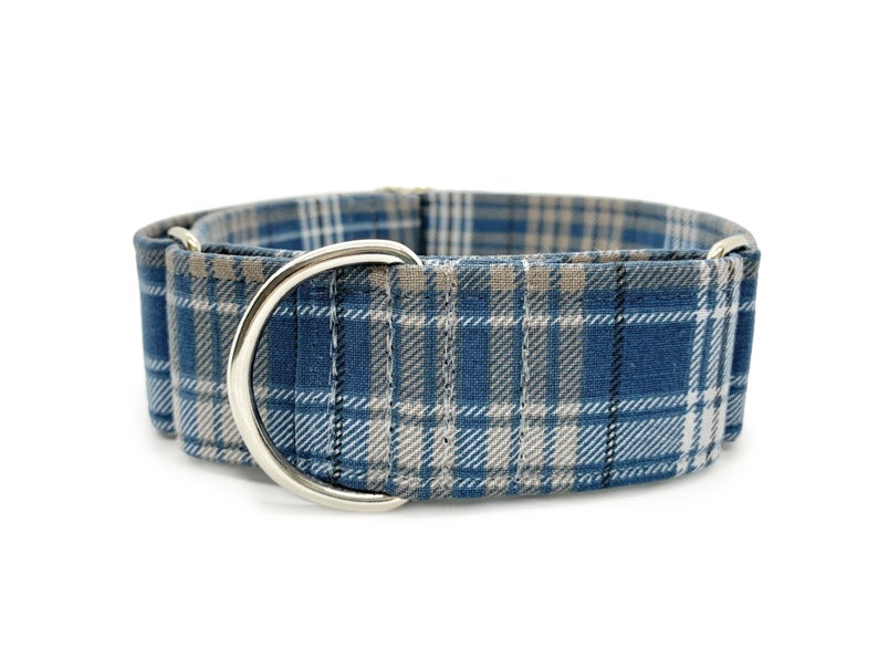 Weekend Plaid Martingale OR Side Release Buckle Dog Collar Neutral Blue and Gray Casual Classic Tartan Plaid Fabric Wrapped Boy Pet Collar image 3