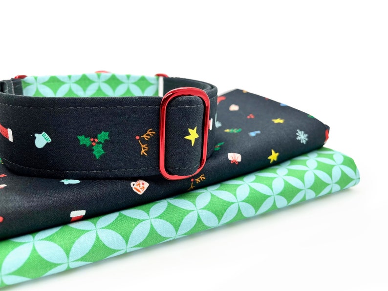 Christmas Icon Martingale OR Side Release Buckle Dog Collar Festive Pet collar with Christmas Trees, Stockings, Holly, Santa Hats and Snow image 3