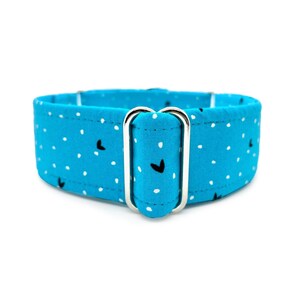 Blue Raz Hearts Martingale OR Side Release Buckle Dog Collar - Bright Turquoise Valentine's Day Hearts & Confetti Fabric Wrapped Pet Collar
