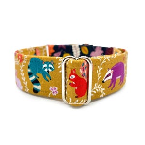 Forest Floor Martingale OR Side Release Buckle Dog Collar - Modern Gold Woodland Animals and Leaves Custom Fabric Wrapped Pet Collar