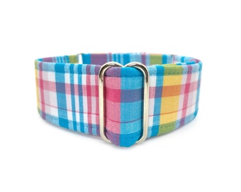 Vacation Madras Martingale OR Quick Release Buckle Dog Collar - Bright, Colorful Turquoise Blue, Pink, Yellow, White Summer Plaid Pet Collar