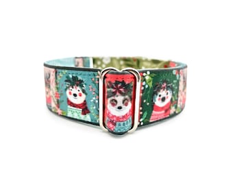 Storybook Winter Woodland Martingale OR Side Release Buckle Dog Collar - 1-inch or 1.5-inch Christmas Floral, Bear, Fox, Hedgehog Pet Collar