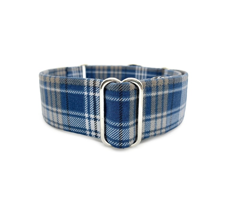 Blue gray plaid fabric dog collar.