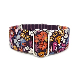 Plum Pretty Martingale OR Side Release Buckle Dog Collar - Dark Purple, Gold, Lavender Spring Floral & Stripe Fabric Wrapped Girl Pet Collar