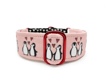 Lovebirds Martingale OR Side Release Buckle Dog Collar - Pink, Black, Red, White Valentine's Day Penguins & Hearts Fabric Wrapped Pet Collar