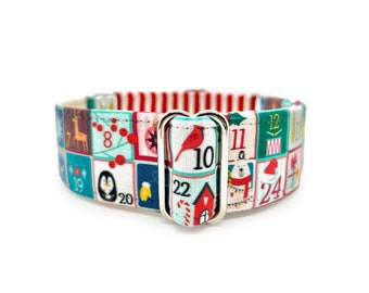 Christmas Advent Martingale OR Side Release Buckle Dog Collar - 1-inch or 1.5-inch Cute Christmas Icon Advent Calendar with Jolly Stripes
