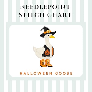 May include: Needlepoint stitch chart featuring a Halloween goose. The goose is wearing a witch hat, vest with a pumpkin, and orange boots. The text "Halloween Goose" is below the image.
