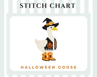 May include: Needlepoint stitch chart featuring a Halloween goose. The goose is wearing a witch hat, vest with a pumpkin, and orange boots. The text "Halloween Goose" is below the image.