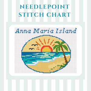 May include: Needlepoint stitch chart featuring an oval design with the text "Anna Maria Island." The design includes a beach scene with a sunset, palm tree, ocean waves, and birds. The background has a striped pattern.