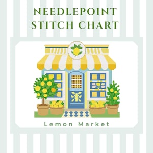 Nålstickad canvas med citronmarknad | Citrusbutik | Sommarkustnålstickning | 18 mesh (digital nedladdning)