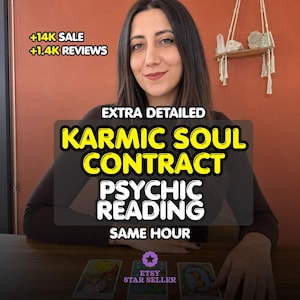 May include: A person with long brown hair wearing a dark brown long-sleeve shirt, positioned behind a wooden table with three tarot cards. Text overlays read: +14K SALE, +1.4K REVIEWS, EXTRA DETAILED, KARMIC SOUL CONTRACT, PSYCHIC READING, SAME HOUR, ETSY STAR SELLER.