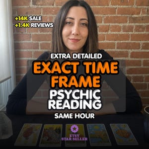 May include: A person sitting behind a table with five tarot cards laid out in a row. Text overlay reads: +14K SALE +1.4K REVIEWS, EXTRA DETAILED EXACT TIME FRAME PSYCHIC READING SAME HOUR, and ETSY STAR SELLER. The background features a brick wall.