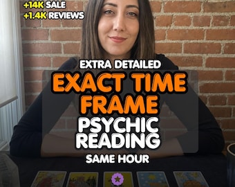 May include: A person sitting behind a table with five tarot cards laid out in a row. Text overlay reads: +14K SALE +1.4K REVIEWS, EXTRA DETAILED EXACT TIME FRAME PSYCHIC READING SAME HOUR, and ETSY STAR SELLER. The background features a brick wall.