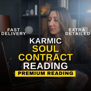 Peut inclure: Image d'une femme regardant un ordinateur portable avec le texte "Karmic Soul Contract Reading Premium Reading". Les mots "Fast Delivery" et "Extra Detailed" sont également visibles. L'image a une esthétique professionnelle et moderne.