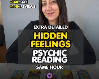 May include: A person with long dark hair wearing a black long-sleeve shirt sits behind five tarot cards. Text overlays read +14K SALE, +1.4K REVIEWS, EXTRA DETAILED HIDDEN FEELINGS PSYCHIC READING SAME HOUR, and ETSY STAR SELLER.