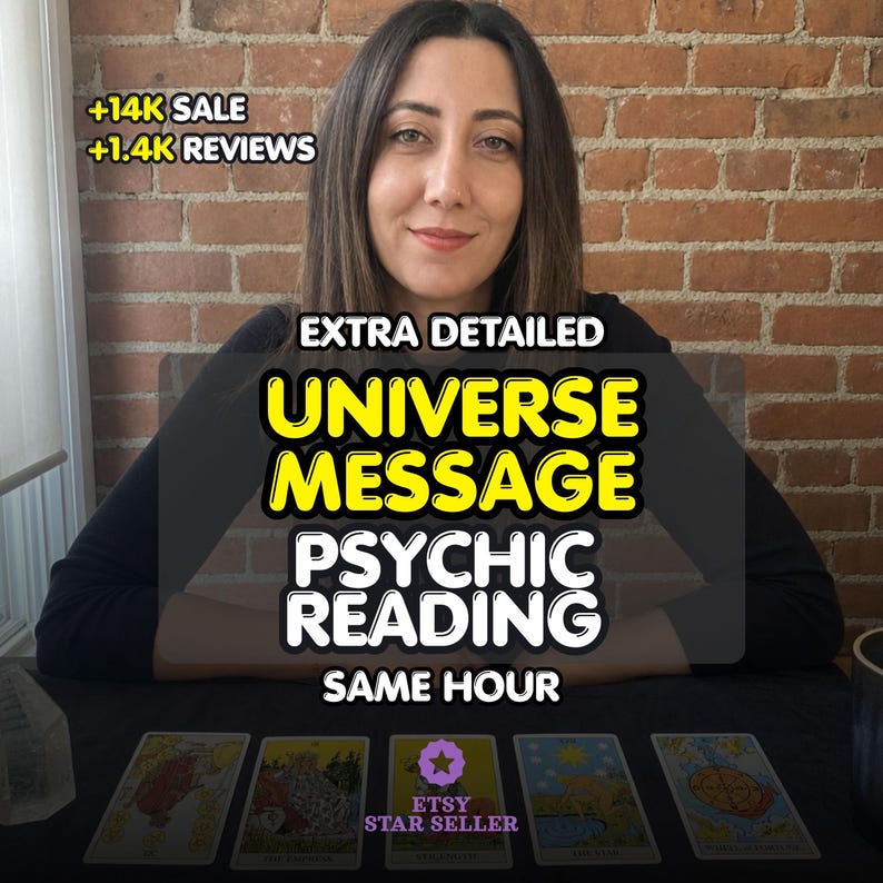 May include: A psychic reading service listing featuring five tarot cards laid out on a black surface. Text overlays include +14K SALE, +1.4K REVIEWS, EXTRA DETAILED UNIVERSE MESSAGE PSYCHIC READING, SAME HOUR, and ETSY STAR SELLER with a star icon.