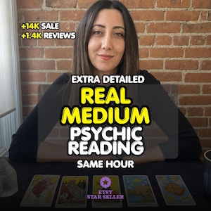 May include: A psychic reading service advertisement featuring text that reads +14K SALE, +1.4K REVIEWS, EXTRA DETAILED REAL MEDIUM PSYCHIC READING SAME HOUR, and ETSY STAR SELLER. Five tarot cards are laid out on a black surface in front of a person.