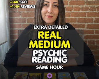 May include: A psychic reading service advertisement featuring text that reads +14K SALE, +1.4K REVIEWS, EXTRA DETAILED REAL MEDIUM PSYCHIC READING SAME HOUR, and ETSY STAR SELLER. Five tarot cards are laid out on a black surface in front of a person.