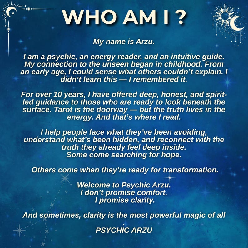 May include: A blue background with white text that reads "WHO AM I?" and "PSYCHIC ARZU." The text describes a psychic, energy reader, and intuitive guide named Arzu, offering guidance and clarity.
