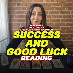 May include: A tarot card reading service featuring five tarot cards laid out on a dark surface. The text overlay reads: FAST RESULT PHOTO PROOF %100 GUARANTEED SOULUTION SUCCESS AND GOOD LUCK READING. A clear crystal point sits to the left.