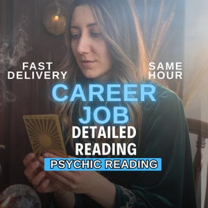 May include: A woman holding a gold tarot card with a sun design. The image includes text that reads "Career Job Detailed Reading Psychic Reading" and "Fast Delivery Same Hour". The woman is wearing a green velvet top.