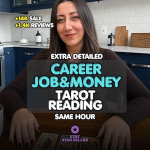 Peut inclure: Une personne aux longs cheveux bruns portant un haut à manches longues marron, assise à une table en bois avec des cartes de tarot. Le texte inclut +14K SALE, +1.4K REVIEWS, EXTRA DETAILED CAREER JOB&MONEY TAROT READING SAME HOUR, et ETSY STAR SELLER.
